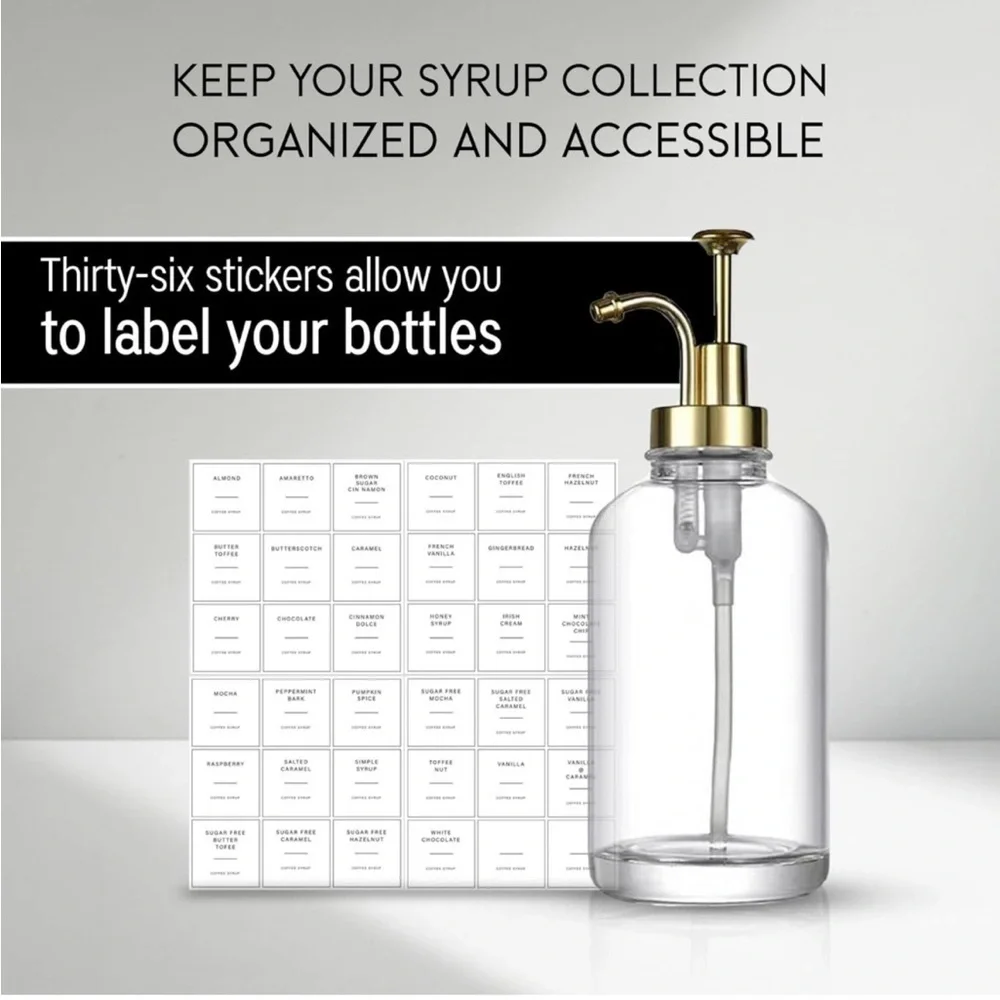 Brand New Coffee Syrup Dispenser Set Glass Bottle Pumps Labels Cafe Bar Barista